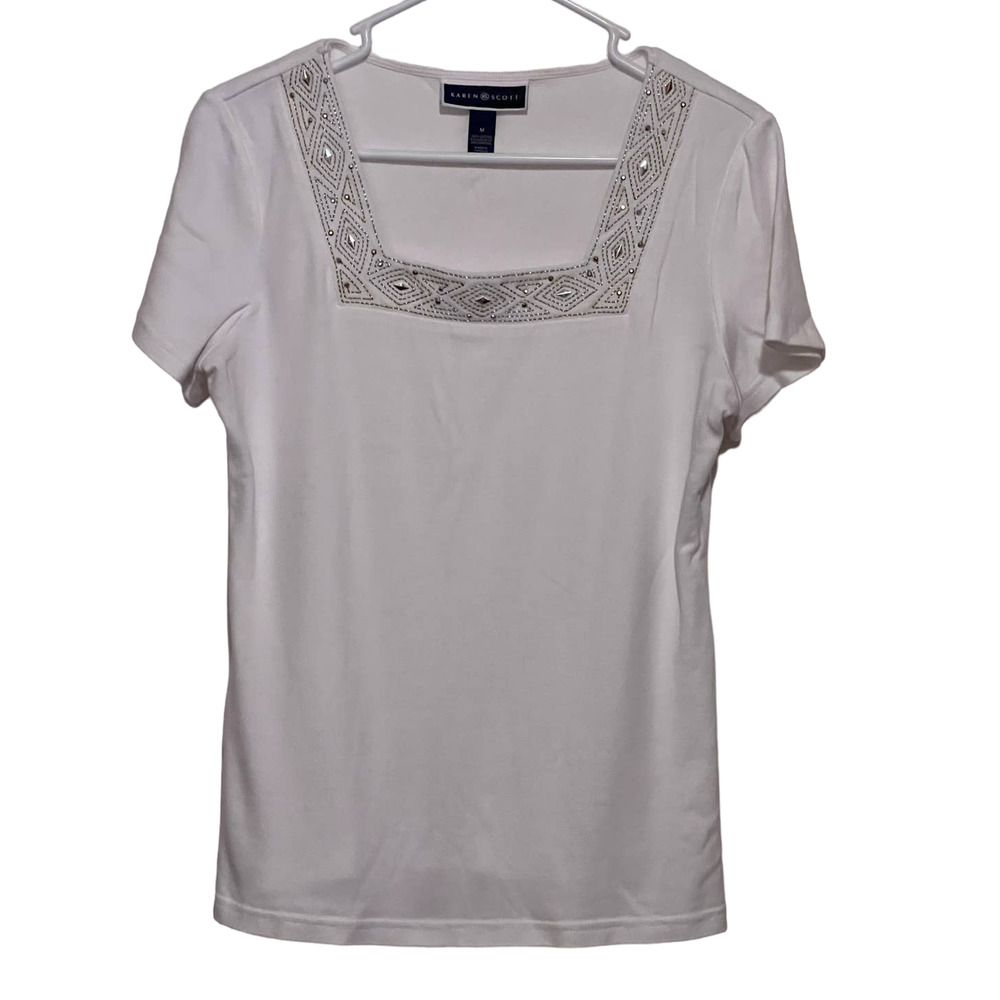 Karen Scott‎ Women's White Sequined Square Neck Short Sleeve Top Size M